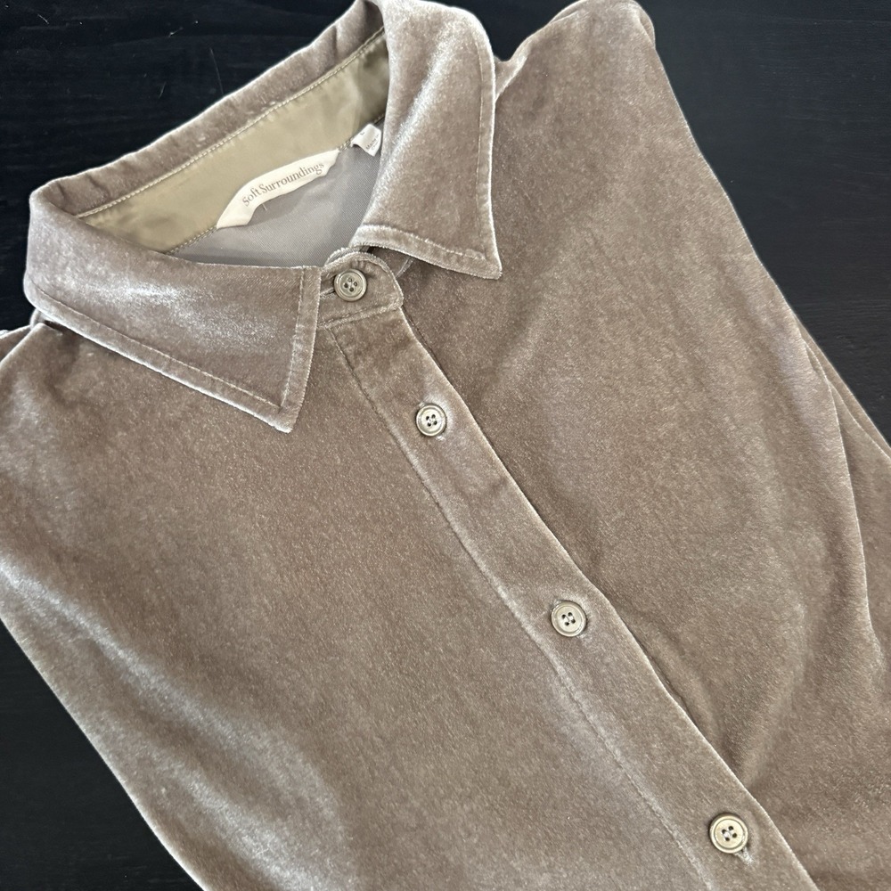 Soft Surroundings L Velvet Tunic Button Up Oversize Shirt Brown Sparkle Long